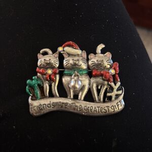 KC Vintage Christmas Cat Pin Brooch Silver Bells Friends Gift Signed